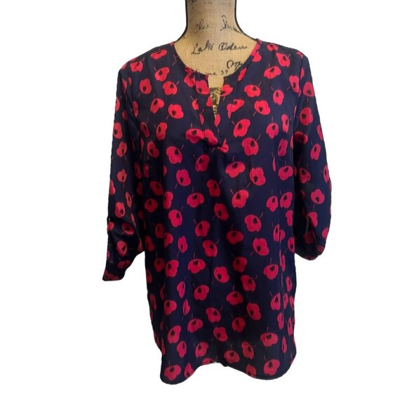 41 Hawthorn Navy & Red Modern Floral Playful Professional Split Neck Blouse M - Picture 7 of 7